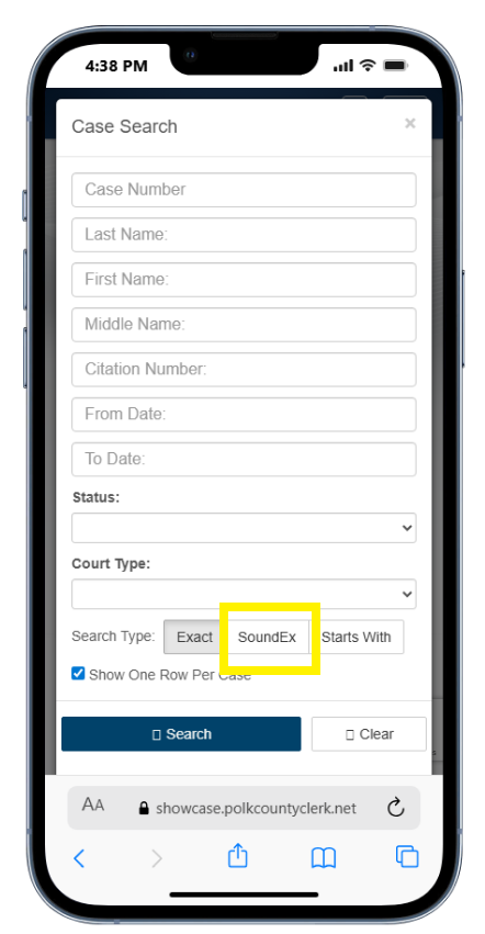 A mobile phone screen displays a \"Case Search\" form with search fields & the SoundsEx option.