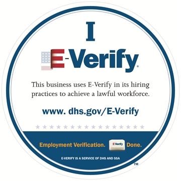 E-Verify Seal indicates this business uses e-verify in its hiring practice.